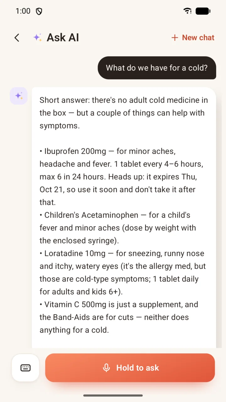 Ask AI about the family's medicines, spending and to-dos