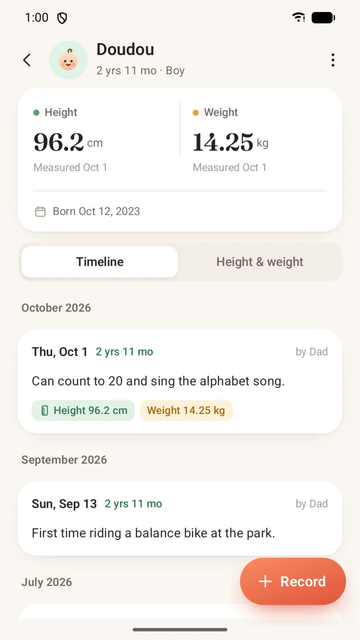Growth records with a child's height, weight and timeline