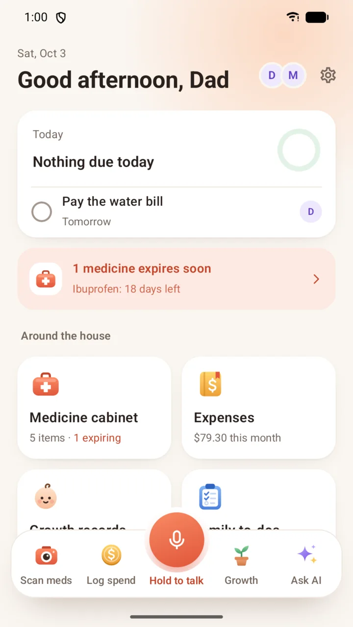 Family Love home screen with today's to-dos, expiring medicines and family features