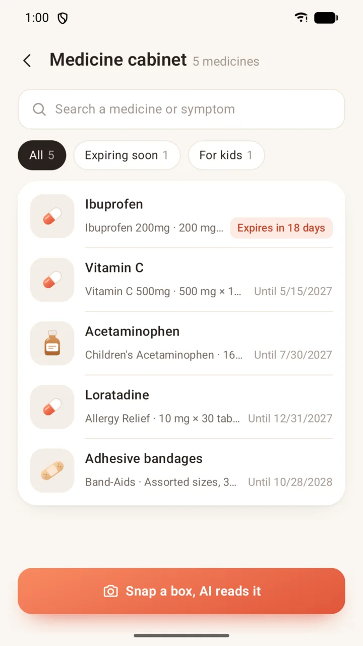 Medicine cabinet listing the family's medicines and expiry dates